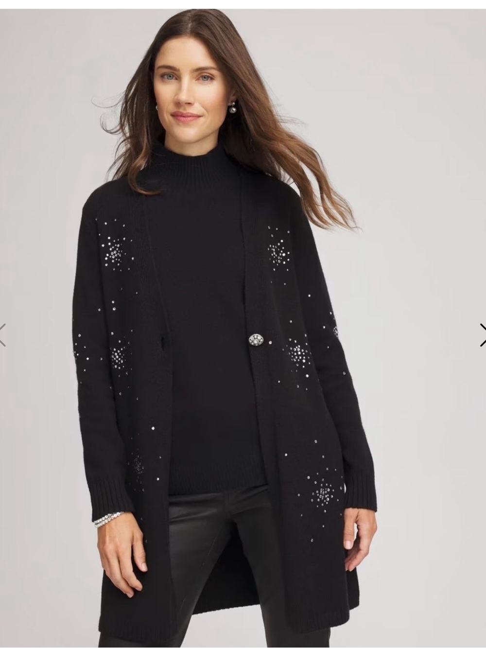 Chico's Black Open-Front Cardigan With Rhinestone Embellishments Sz M (Chicos 1)